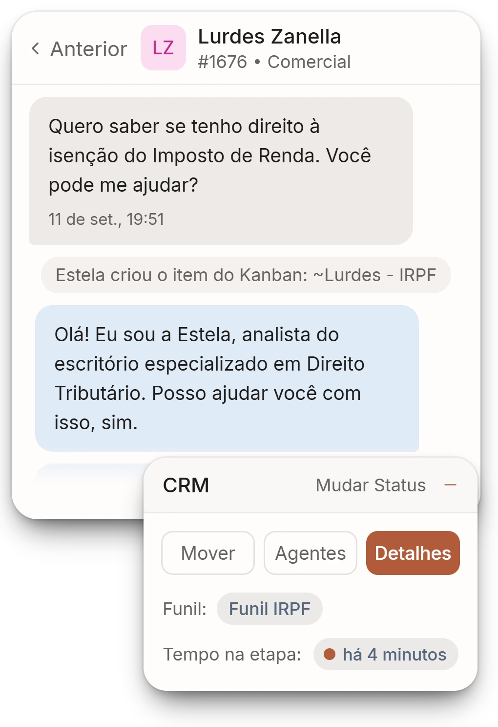 Tela do chat com a IA respondendo, às 19:51, uma pessoa que quer saber da isenção de Imposto de Renda